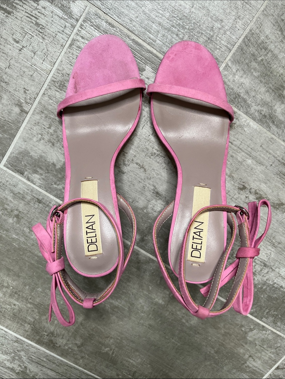 Deltan Pink Suede Ankle-Tie Open-Toe Heels
